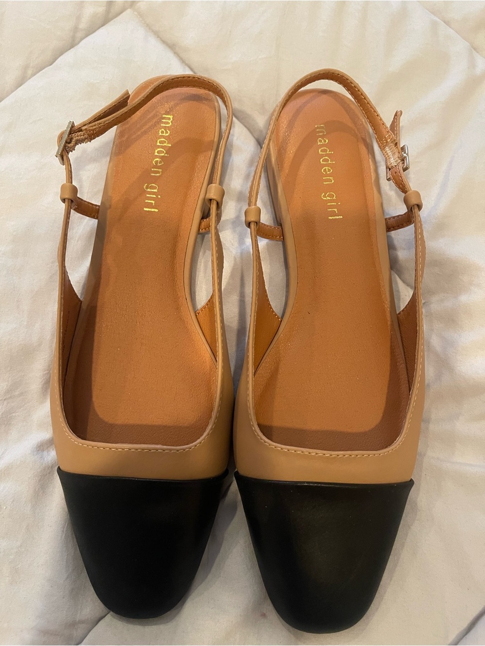 Madden Girl Two-Tone Slingback Flats in Tan and Black